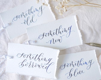 Something Old Something New Calligraphy Gift Tags For Bride, Traditional Personalised Wedding Favours, Something Borrowed Blue Handwritten