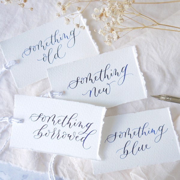 Something Old Something New Calligraphy Gift Tags For Bride, Traditional Personalised Wedding Favours, Something Borrowed Blue Handwritten