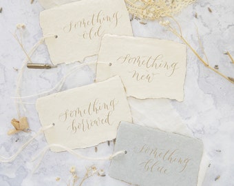Something Old New Borrowed Blue Calligraphy Tags – Handmade Wedding Gift Tags Set Handwritten