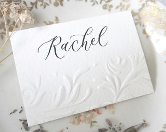 Embossed Floral Wedding Place Cards: Custom Calligraphy Name Tags