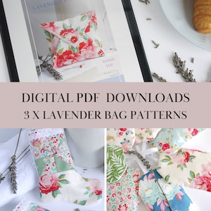May include: Three digital PDF downloads for lavender bag patterns. The patterns include a floral print, a green and white floral print, and a blue and white floral print.