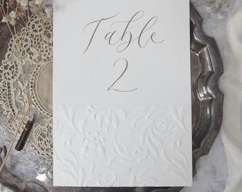 Calligraphy Table Name or Number Signs – Embossed Luxury Wedding Table Decor