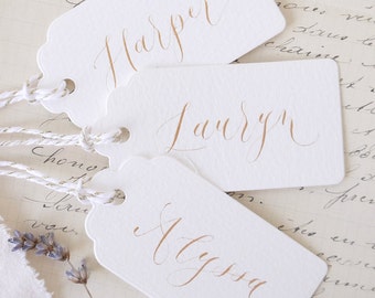 Personalised Calligraphy Gift Tags with Twine, Off-White Hand Lettered Custom Quote Tags, Luxury Wedding Name Cards