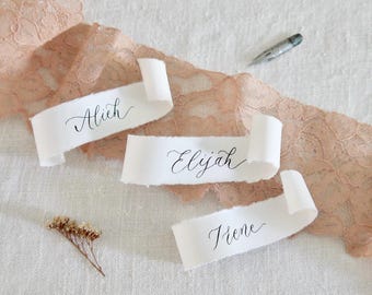 Calligraphy Name Scrolls Wedding Place Cards – Handmade Dip Pen Escort Tags – Torn Edge Paper Name Tags