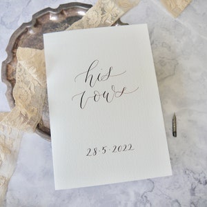 Wedding vows cover with custom calligraphy words and date on the front: his vows, 28.5.2022
