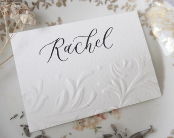 Handwritten Place Cards for Weddings, Embossed Floral Name Cards with Calligraphy