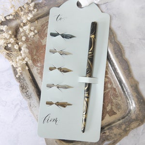 5 calligraphy nibs and a pen holder on a gift tag for beginners to use with ink