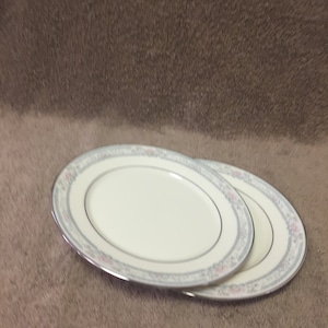 May include: Two oval-shaped, white ceramic serving platters. Each platter has a silver rim and a decorative border with a light blue and pink floral pattern. The platters are stacked slightly on top of each other.