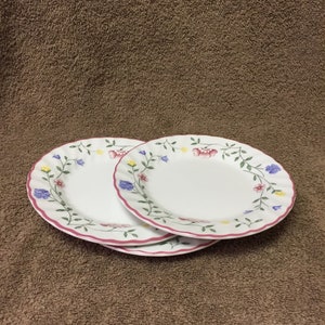 May include: Two white ceramic plates with a floral design. The plates have a scalloped edge with a pink border. The floral pattern includes pink, blue, and yellow flowers with green leaves. The plates are stacked on top of each other.