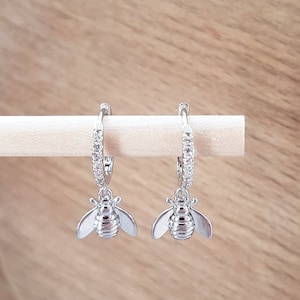 Bee Hoop Earrings,Bestseller Huggie Hoop Earrings with bee pendant,Sterling Silver Earrings,Huggie Hoop w Bee Charm Zircon,Bumble bee Hoops