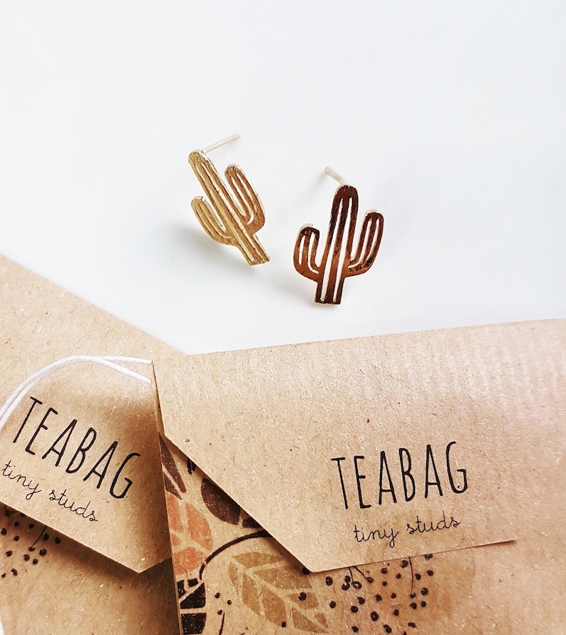 Minimalist Earrings Packed in a Teabag Cactus Stud Earrings Gold Cactus Small Cactus Earrings Cactus Dainty Earrings Gold Cactus Studs