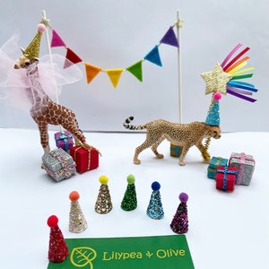 Birthday Celebration Cake Topper - Mini Felt Bunting - mini animal party hats - Christmas cake toppers - pastel rainbow jungle safari sea