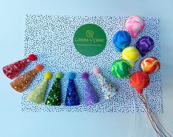Rainbow coloured mini balloons and party hats - party animal cake toppers - dinosaur party hats - cupcake toppers - rainbow cake accessories
