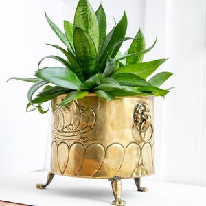 Rare XL Vintage Brass Lion Head Planter with Ship Motif | 19cm Footed Cachepot