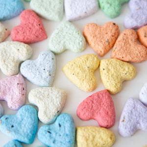 Può includere: Una collezione di cuori di carta seminati colorati in varie tonalità pastello, tra cui blu, rosa, giallo e arancione. I cuori sono sparsi su una superficie bianca, creando un'esposizione allegra e artistica.