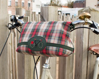 Women bike Pannier waterproof for handlebar, city bag with a strap in grey in red tartan