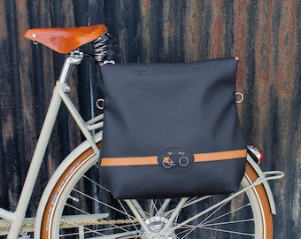 Sacoche vélo femme imperméable avec bandoulière, pannier de couleur noir et marron