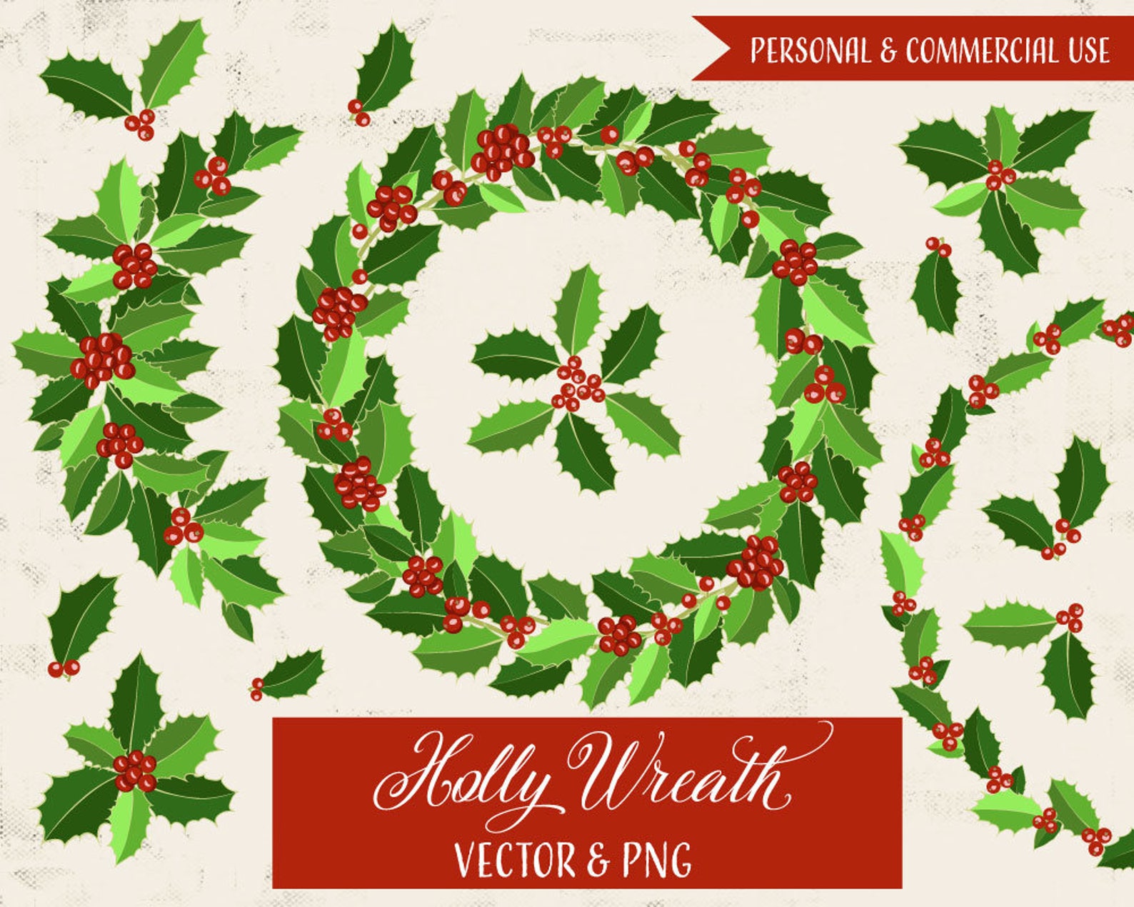 Christmas Wreath Clipart, Holly Wreath Clipart, Christmas Clipart