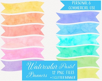 Watercolor Pastel and Glitter Banner Clipart, Watercolor Banners, Glitter Banner, Banner Clipart, Watercolor Clipart, 13 PNG Files