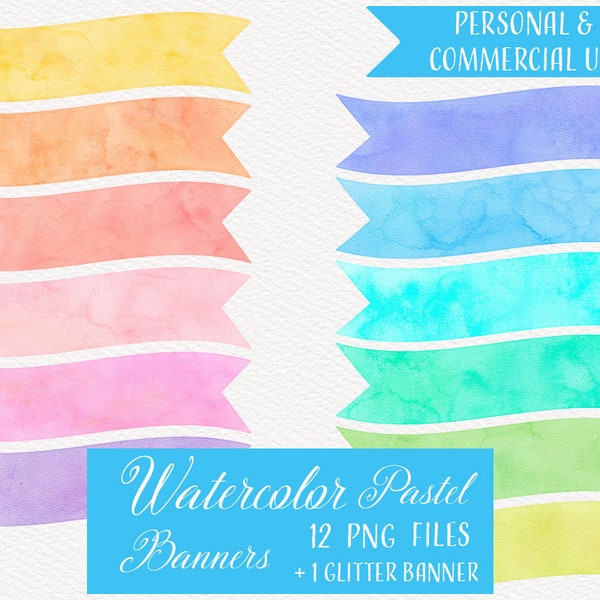 Watercolor Pastel and Glitter Banner Clipart, Watercolor Banners, Glitter Banner, Banner Clipart, Watercolor Clipart, 13 PNG Files