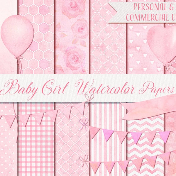 Baby Girl Watercolor Digital Paper, 12 Papers 12" x 12", Baby Girl Digital Papers, Pastel Printable Paper, Pink Baby Paper Pack