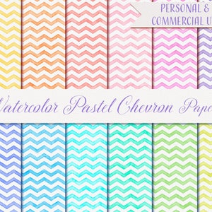 Watercolor Digital Paper, 12 Papers 12&quot; x 12&quot;, Watercolor Pastel Chevron Papers, Pastel Printable Paper, Digital Scrapbook Papers