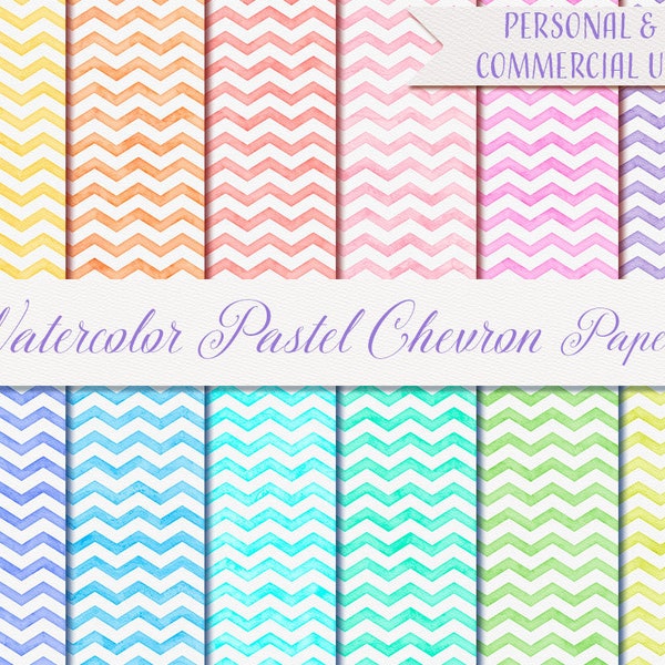 Watercolor Digital Paper, 12 Papers 12" x 12", Watercolor Pastel Chevron Papers, Pastel Printable Paper, Digital Scrapbook Papers