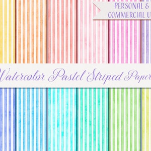 Watercolor Digital Paper, 12 Digital Papers 12" x 12", Watercolor Pastel Striped Papers, Pastel Printable Paper, Digital Scrapbook Paper