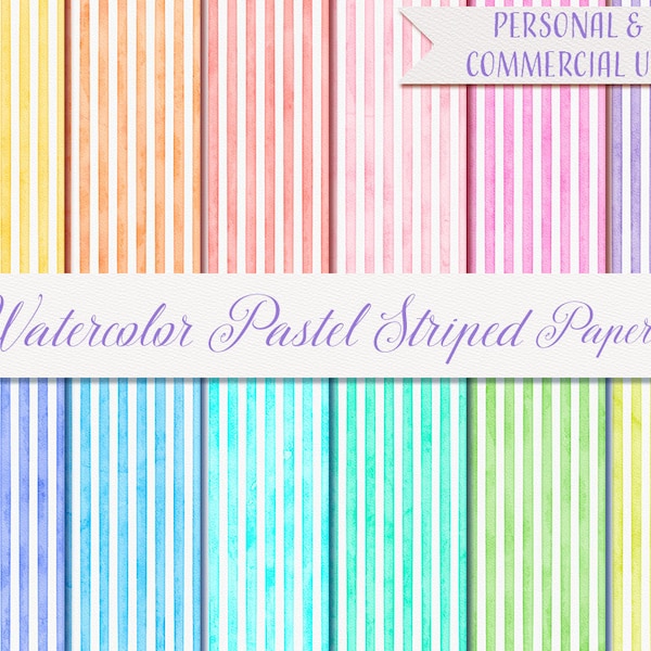 Watercolor Digital Paper, 12 Digital Papers 12" x 12", Watercolor Pastel Striped Papers, Pastel Printable Paper, Digital Scrapbook Paper