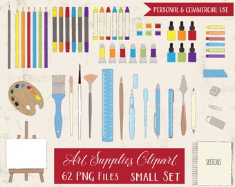 art supplies clipart, painting clipart,  clipart art graphics, paintbrush clipart, pencils clipart, hand drawn, back to school, small set