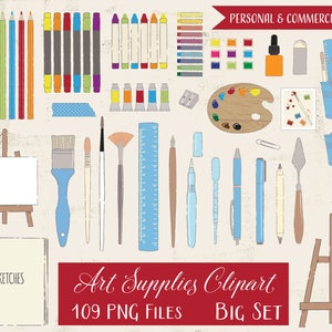 art supplies clipart, painting clipart,  clipart art graphics, paintbrush clipart, pencils clipart, hand drawn, back to school, png big set