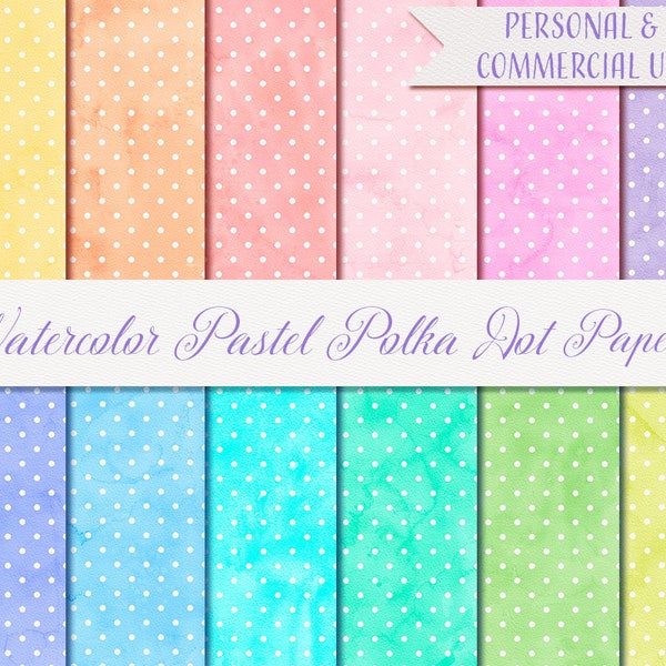 Watercolor Digital Paper, Watercolor Pastel Polka Dot Papers, 12 Digital Papers 12" x 12",  Pastel Printable Paper, Polka Dot Digital Paper