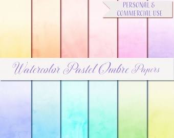 Watercolor Digital Paper, Watercolor Pastel Ombre Papers, 12 Digital Papers 12"x 12", Watercolor Ombre Background
