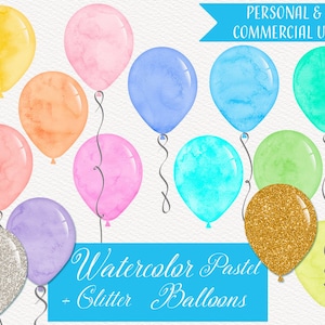 Aquarel pastel & glitter ballon clipart, aquarel ballon clipart, aquarel clipart, 12 aquarel ballonnen, 2 glitter ballonnen, PNG