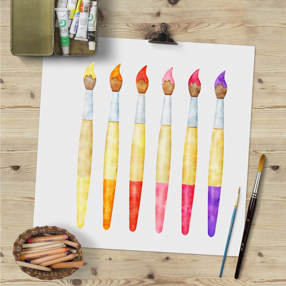 Watercolor art supplies clipart, paint brush, paint, canvas graphics back  to school craft png commercial use
