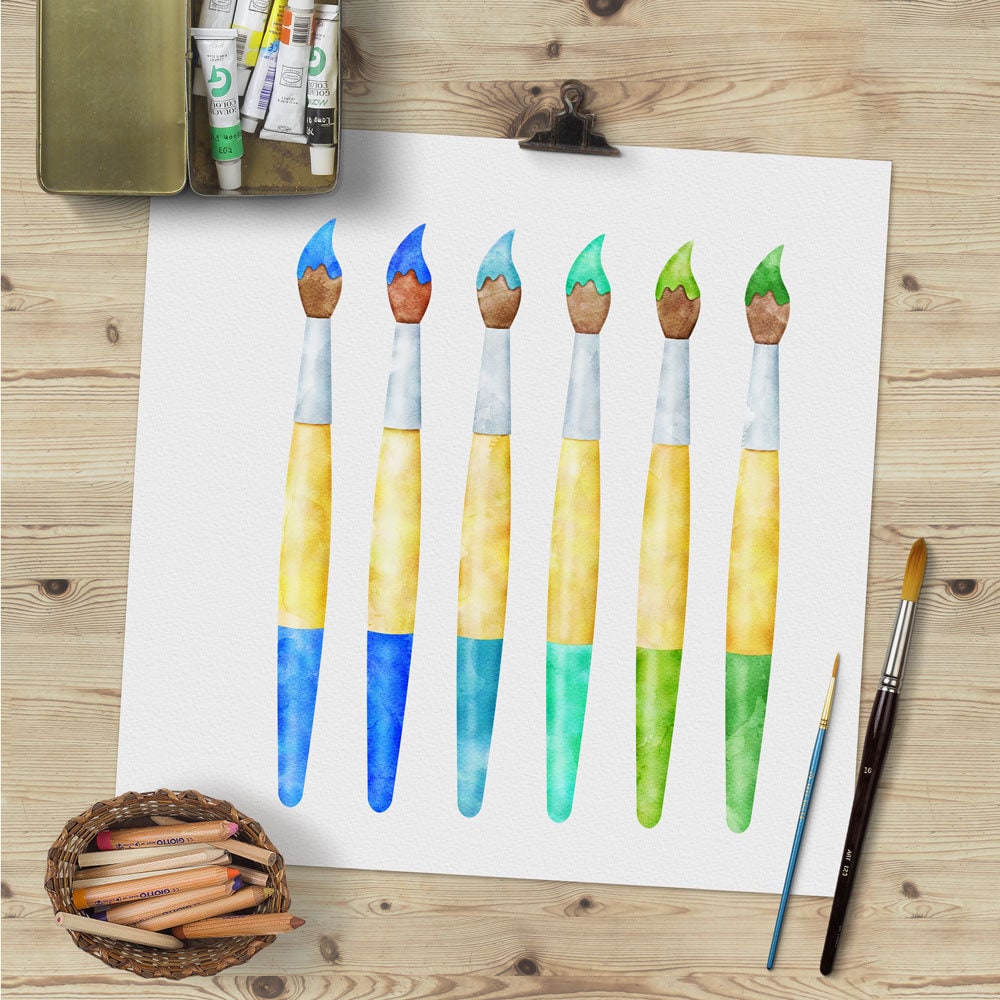 Watercolor Paint Brush Clipart, Watercolor School Clipart, Watercolor