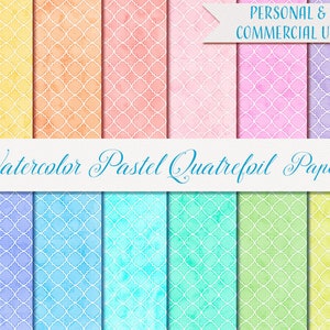Aquarell Digitales Papier, Aquarell Pastell Quatrefoil Papiere, 12 digitale Papiere 12"x 12", pastell druckbare Papiere, Digitale Scrapbook Papiere