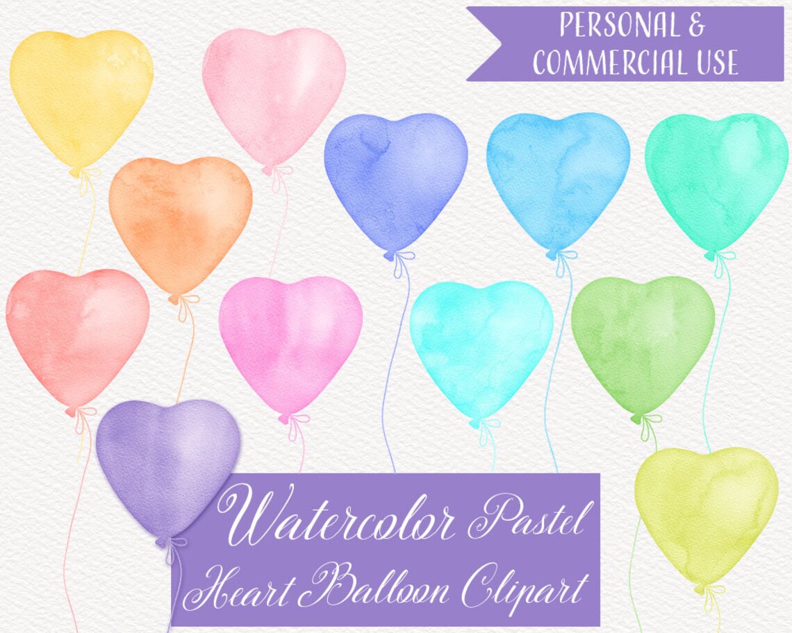 Watercolor Pastel Heart Balloons Clipart 12 PNG Files | Etsy