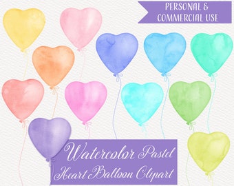 Watercolor Pastel Heart Balloons Clipart, 12 PNG files, Instant Download, Watercolor Balloons Clipart, Watercolor Balloon Clip Art
