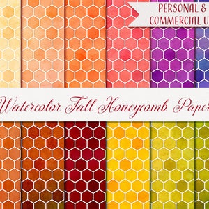 Watercolor Digital Paper, Watercolor Fall Digital Honeycomb Papers, 12 Digital Papers 12" x 12", Watercolor Autumn Honeycomb Papers