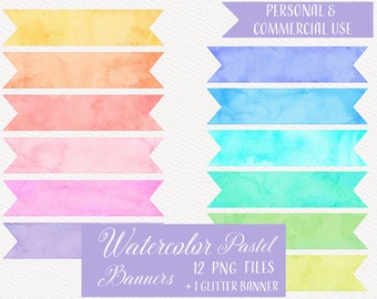 Watercolor Pastel and Glitter Banner Clipart, Printable Digital Watercolor Banners, Instant Download, 14 PNG Files