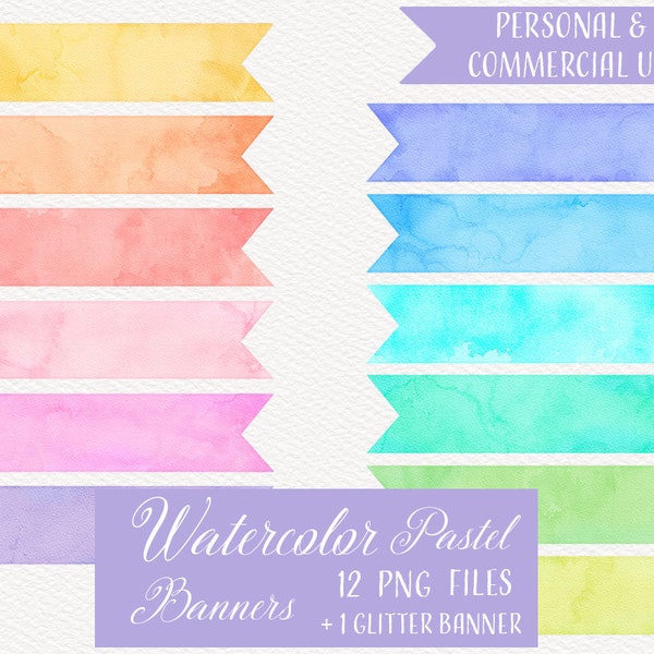 Watercolor Pastel and Glitter Banner Clipart, Printable Digital Watercolor Banners, Instant Download, 14 PNG Files