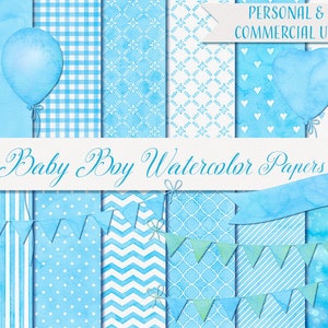 Baby Boy aquarel digitaal papier, 12 papieren 12" x 12", Baby Boy digitale papers, lichtblauwe Bunting, pastel afdrukbaar papier baby shower papier