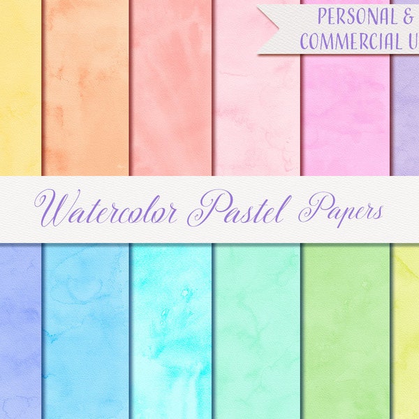 Watercolor Digital Pastel Paper Pack,  12 Papers 12" x 12", Watercolor Digital Paper, Pastel Printable Paper, Watercolor Background