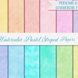 Watercolor Digital Paper, 12 Papers 12" x 12", Watercolor Pastel Diagonally Striped Papers , Digital Scrapbook Paper, Pastel Printable Paper