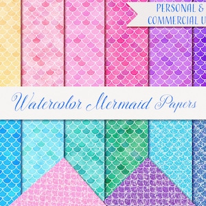 Papiers aquarelle sirène, papiers pailletés sirène, papiers numériques aquarelle, 14 papiers numériques 12 x 12 po, téléchargement immédiat, usage commercial