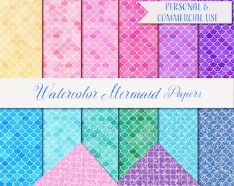 Watercolor Mermaid Papers, Mermaid Glitter Papers, Watercolor Digital Papers, 14 Digital Papers 12" x 12", Instant Download, Commercial Use