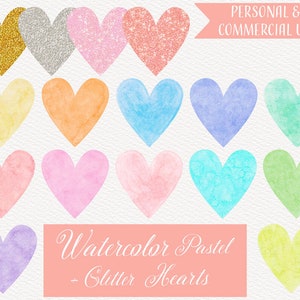 Aquarel pastel en glitterharten clipart, aquarel harten clipart, 12 aquarel harten, 4 glitterharten, png