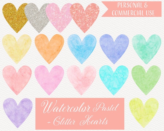 Watercolor Pastel & Glitter Hearts Clipart, Watercolor Hearts Clipart, 12 Watercolor Hearts, 4 Glitter Hearts, PNG