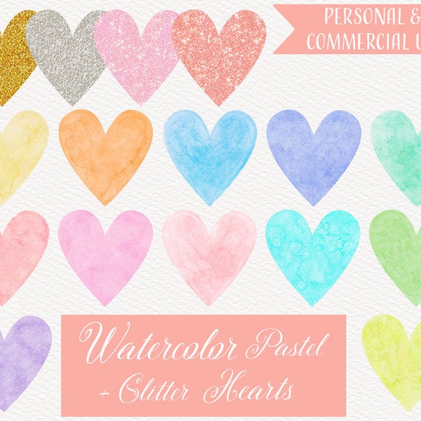 Watercolor Pastel & Glitter Hearts Clipart, Watercolor Hearts Clipart, 12 Watercolor Hearts, 4 Glitter Hearts, PNG